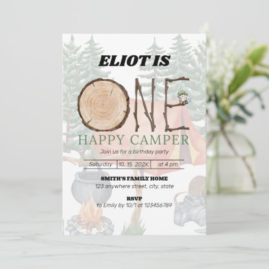 De eerste verjaardag van een Happy Camper Boy Kaart (Staand voorkant)