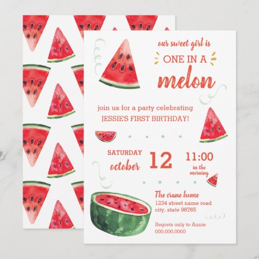 De eerste verjaardag van Watermeloen in een MELON Kaart (Voorkant / Achterkant)