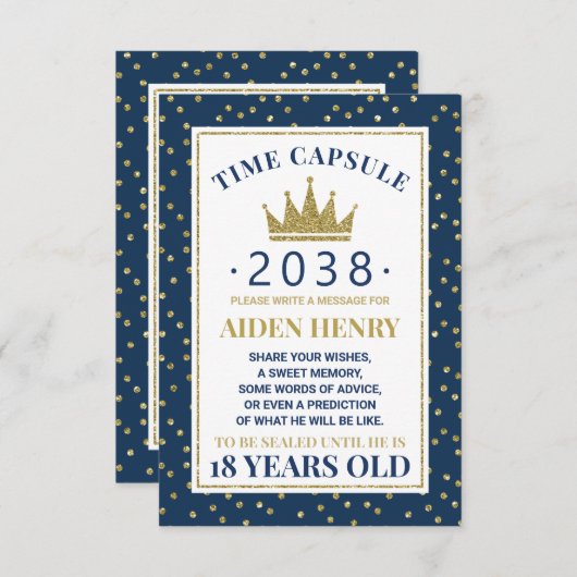 De eerste verjaardagscapsule in blauw en goud informatiekaartje (Voorkant / Achterkant)