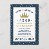 De eerste verjaardagscapsule in blauw en goud informatiekaartje (Voorkant)
