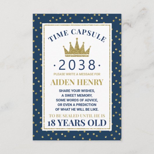 De eerste verjaardagscapsule in blauw en goud informatiekaartje (Voorkant)