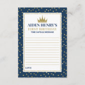 De eerste verjaardagscapsule in blauw en goud informatiekaartje (Achterkant)