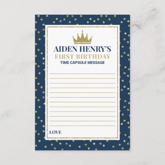 De eerste verjaardagscapsule in blauw en goud informatiekaartje (Achterkant)
