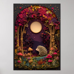 De egel Herfstnacht Forest Cutout Art Poster
