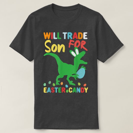 De eierjacht zal de Zoon van het Pasen Snoep Dinos T-shirt (Design voorkant)