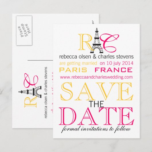 De Eiffeltoren van Parijs: Save the Date Briefkaar Aankondigingskaart (Voorkant / Achterkant)