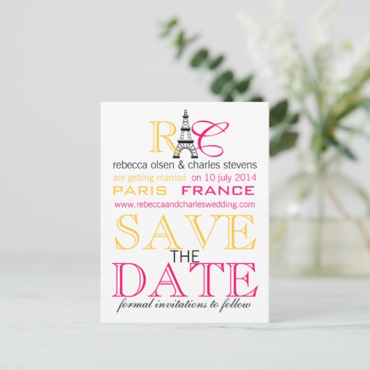 De Eiffeltoren van Parijs: Save the Date Briefkaar Aankondigingskaart (Staand voorkant)