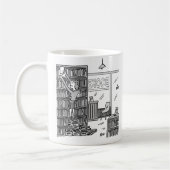 De eigenaar van de boekwinkel neemt stappen van bo koffiemok (Links)