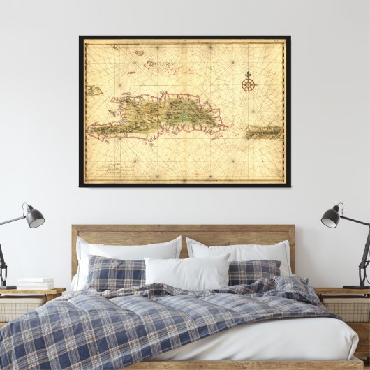 de eilanden Hispaniola en Puerto Rico (kaart 1639) Canvas Afdruk (Insitu (Slaapkamer))