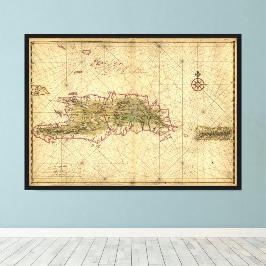 de eilanden Hispaniola en Puerto Rico (kaart 1639) Canvas Afdruk (Insitu (Houten vloer))