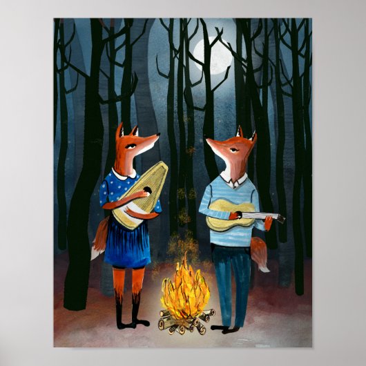 De Eine Kleine Foxmusik - Cute Foxes spelen muziek Poster (Voorkant)