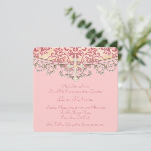 De elegante Eerste Heilige Communie van het Koraal Kaart (Staand voorkant)