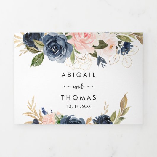 De elegante gouden blauwe bloemenbruiloft van drieluik uitnodiging (Cover)