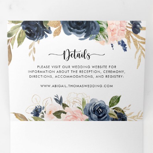 De elegante gouden blauwe bloemenbruiloft van drieluik uitnodiging (Binnenzijde eerst)