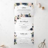 De elegante gouden blauwe bloemenbruiloft van drieluik uitnodiging (Binnen)