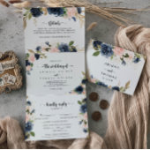 De elegante gouden blauwe bloemenbruiloft van drieluik uitnodiging