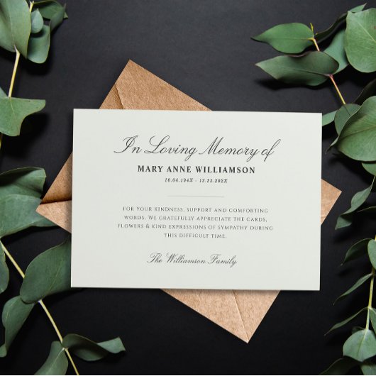 de elegante manuscriptbegrafenis bedankt kaart