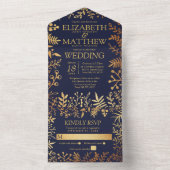 De Elegante Navy & Gouden Bloemen Bruiloft Collect All In One Uitnodiging (Binnen)