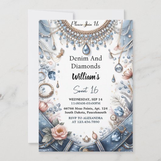 De elegante parel Bling Denim en diamanten Sweet 1 Kaart (Voorkant)