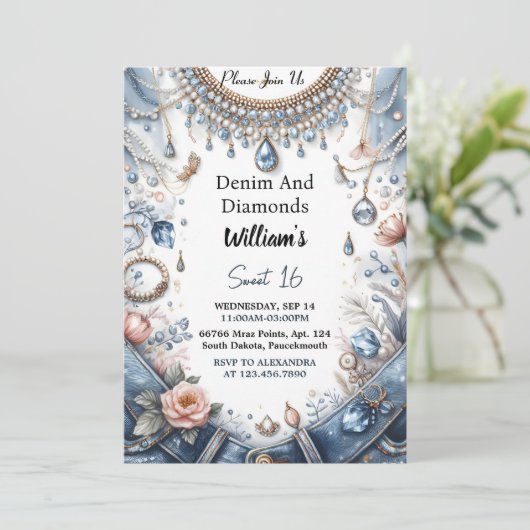 De elegante parel Bling Denim en diamanten Sweet 1 Kaart (Staand voorkant)