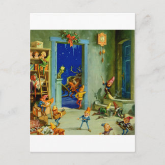 De elven van de kerstman in zijn werkplaats op ker feestdagenkaart