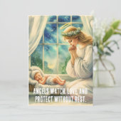 de engelbewaarder bidt bij de wieg van de baby feestdagenkaart (Staand voorkant)