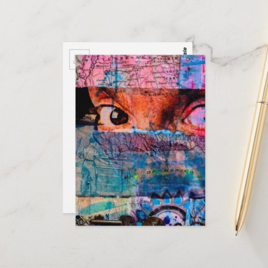 De Eyeballs abstracte junk journal Collage AI Briefkaart (Voorkant / Achterkant in situ)