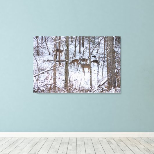 De familie Deer in sneeuw Canvas Afdruk (Insitu (Houten vloer))