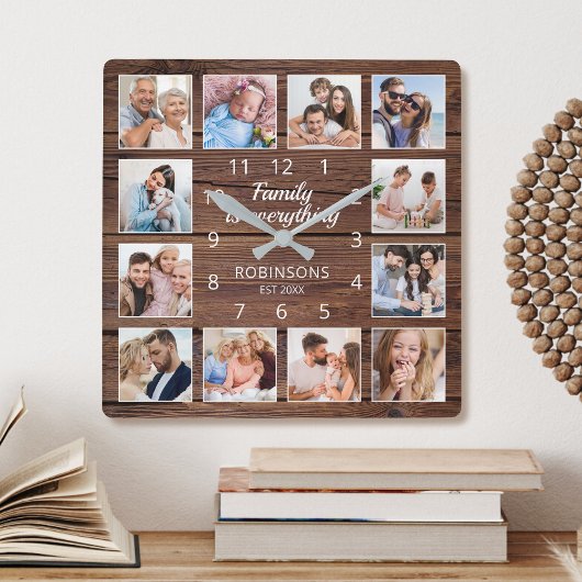 De familie is alles citeert Foto Collage Rustic Vierkante Klok