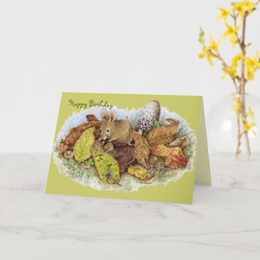 De Familie van de muis in de Bladeren - Gelukkige Kaart (Gele Bloem)