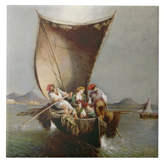 De familie van de vissers (olie op doek) tegeltje (Voorkant)