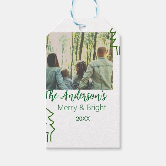 De familienaam groene kerstboom foto modern cadeaulabel (Voorkant)
