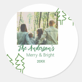 De familienaam groene kerstboom foto modern ronde sticker