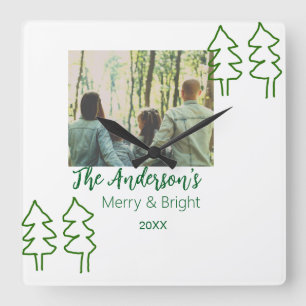 De familienaam groene kerstboom foto modern vierkante klok
