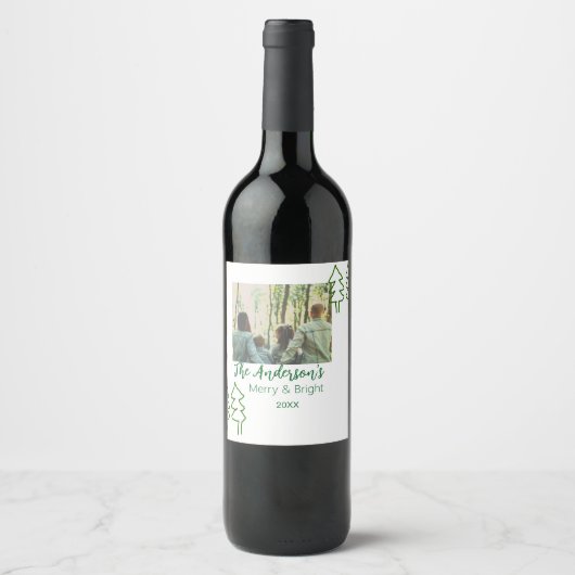 De familienaam groene kerstboom foto modern wijn etiket (Voorkant)