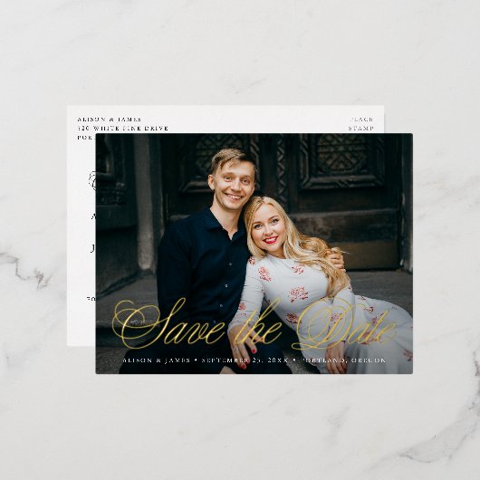 De fancy Foto van het Manuscript sparen de Datum Folie Uitnodiging Briefkaart (Voorkant / Achterkant)