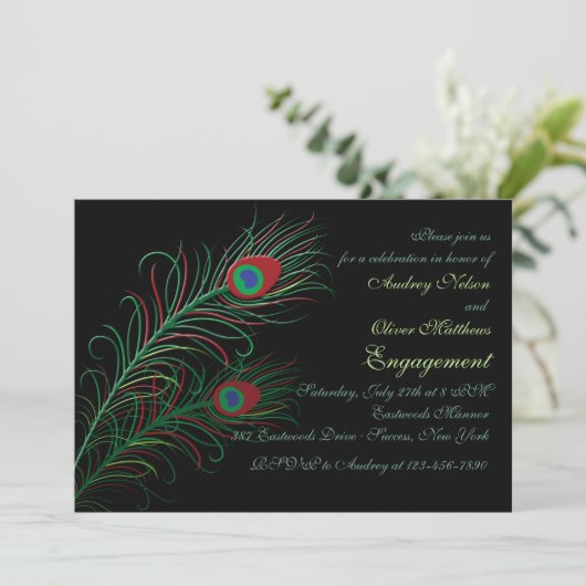 De fancy Pauw bevedert Zwarte Uitnodiging (Staand voorkant)