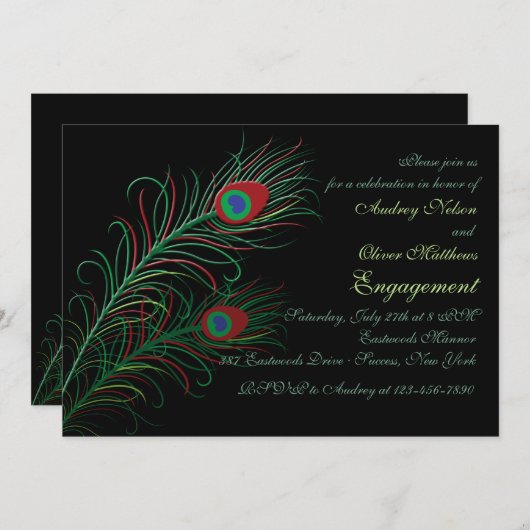 De fancy Pauw bevedert Zwarte Uitnodiging (Voorkant / Achterkant)
