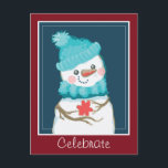 De Feestdagen Snowman in Top Hat vieren Briefkaart<br><div class="desc">Digitaal gekleurde sneeuwman in blauw gestreepte sjaal en blauw gebreid pet. Hij heeft een geschenk met een bloem-ruimte. Aanpasbare tekstopties aan de voor- en achterkant van de kaart. Kunstwerk van Valarie Wade.</div>
