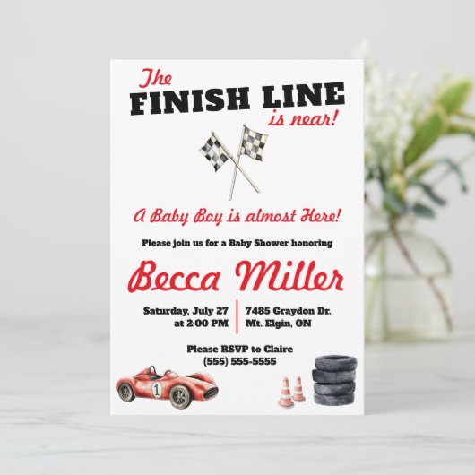 De finishlijn is nabij! Baby shower voor raceauto' Kaart (Staand voorkant)