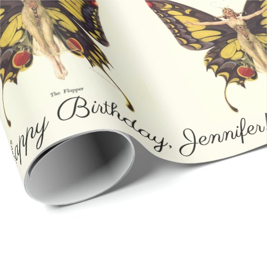 De Flapper Butterfly personaliseer de naam Birthda Cadeaupapier (Rol Hoek)