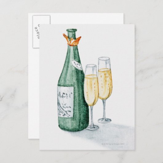 De Flessen van Champagne en Twee Glazen Briefkaart (Voorkant / Achterkant)