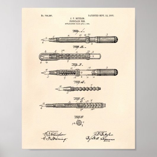 De fontein Pen 1905 Patent Art Old Peper Poster (Voorkant)