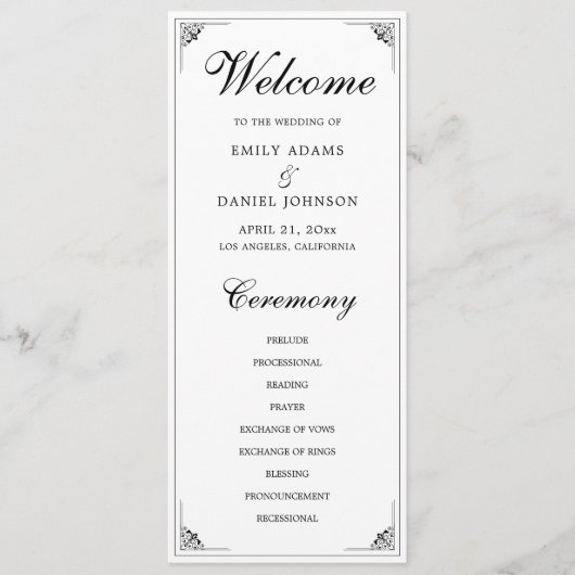 De formele Elegante Zwart-Wit Huwelijk Programmakaart (Voorkant)