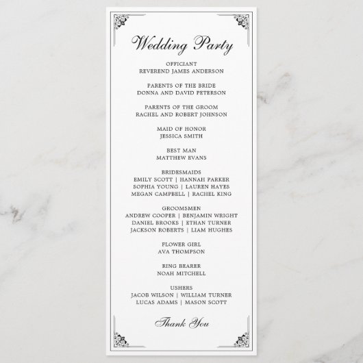 De formele Elegante Zwart-Wit Huwelijk Programmakaart (Achterkant)