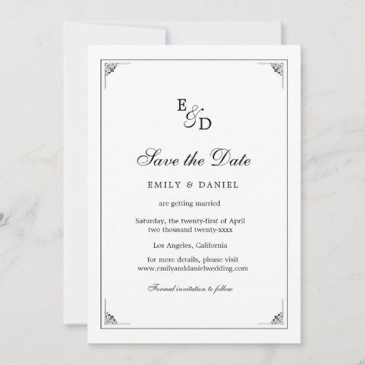 De formele Elegante Zwart-Wit Huwelijk Save The Date (Voorkant)