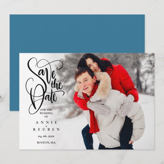 De foto bewaart de Datum Gematigd Manuscript van h Save The Date (Voorkant / Achterkant)