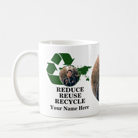 De foto van de aarddag vermindert hergebruik recyc koffiemok (Links)