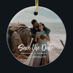 De foto van de Verhuur sparen de Datum Keramisch Ornament<br><div class="desc">Volledig fotoontwerp met handschrift Bespaar de Date-kaart perfect om je vrienden en familie te sturen.</div>