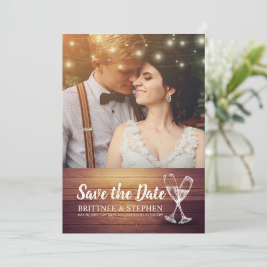 De foto van het huwelijk bewaart de Datum Champagn Save The Date (Staand voorkant)